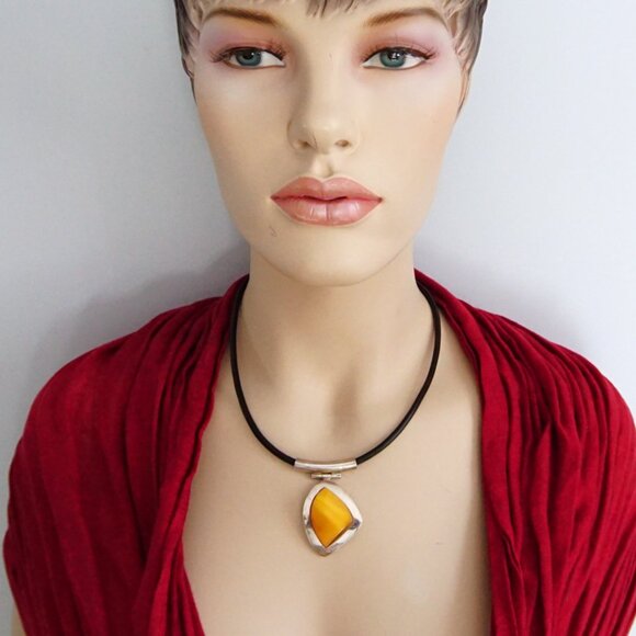 Baltic Amber and 925 Silver Black Leather Cord Modernist Necklace 18" - Her Gift - Picture 12 of 14